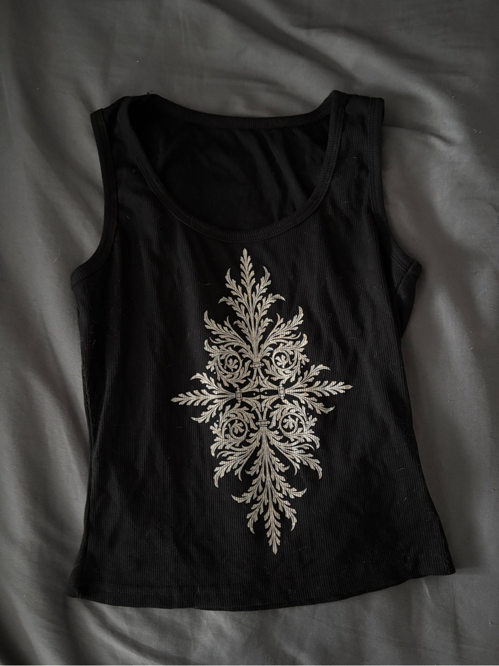 Black Tank Top with Silver Vine Print
